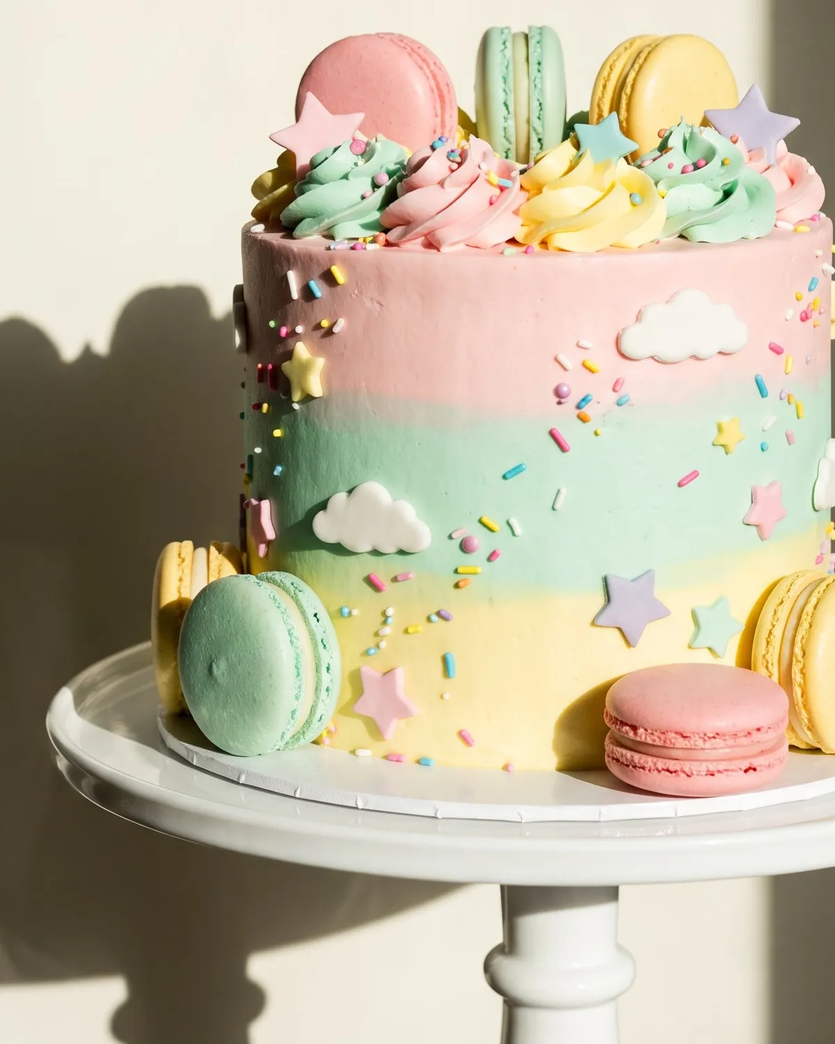 Pastel renkli, makaron ve yıldızlı çocuk pastası