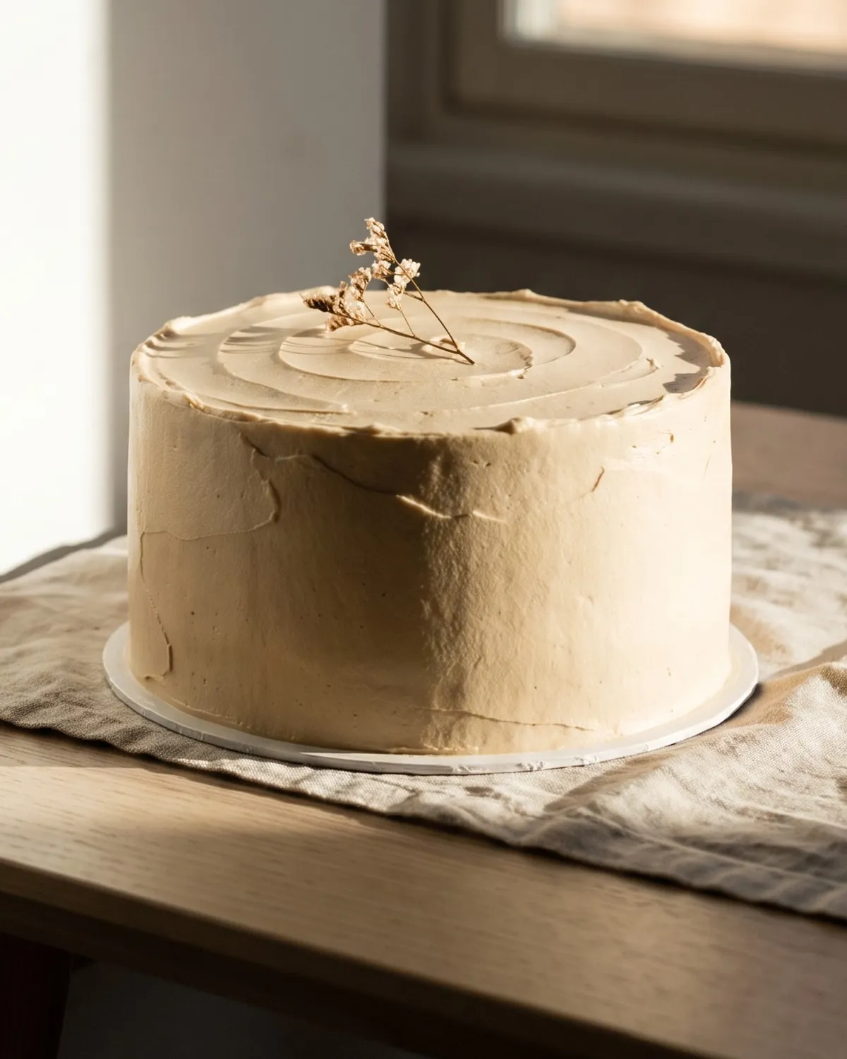 Bej kremalı, kuru çiçekli minimal pasta