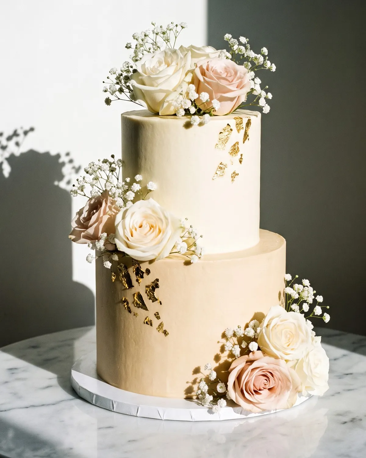 Gül ve gypsophila süslemeli iki katlı nişan pastası